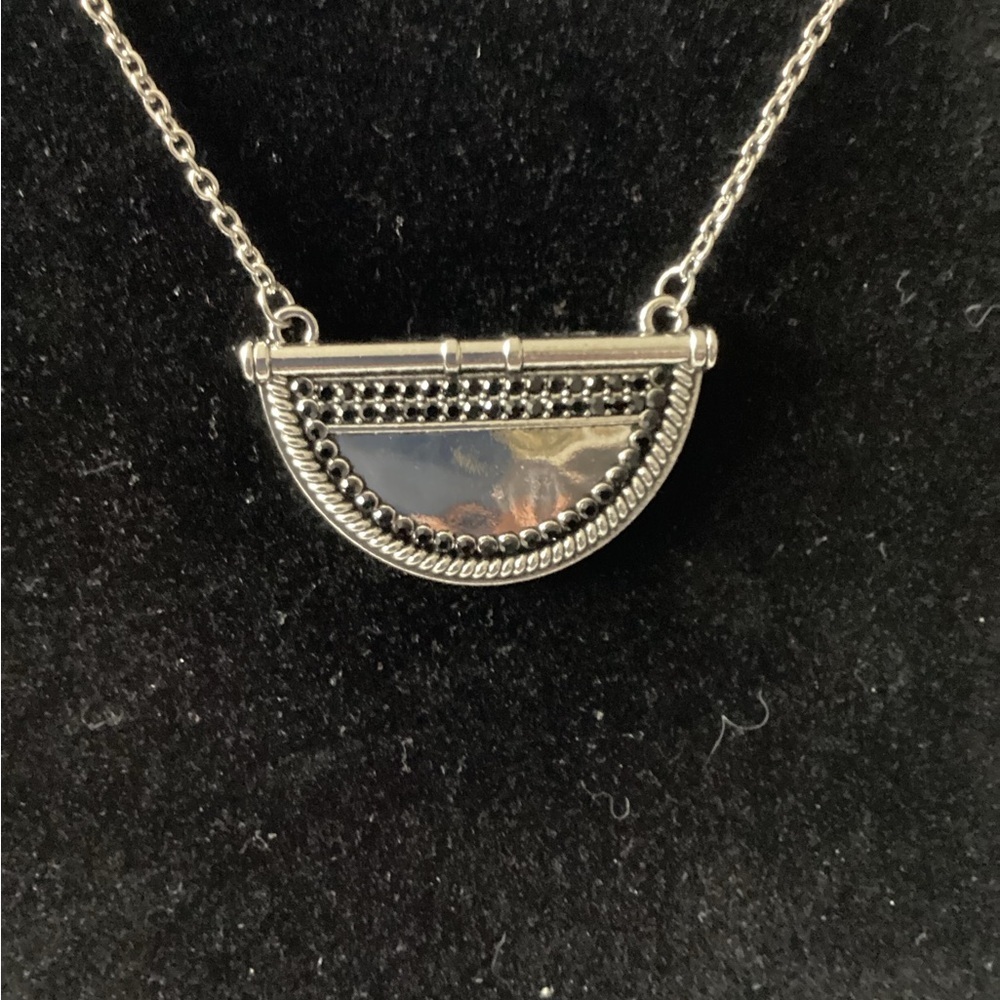 Modern Silver Tone Half-Moon Necklace with Black Crystal Stones